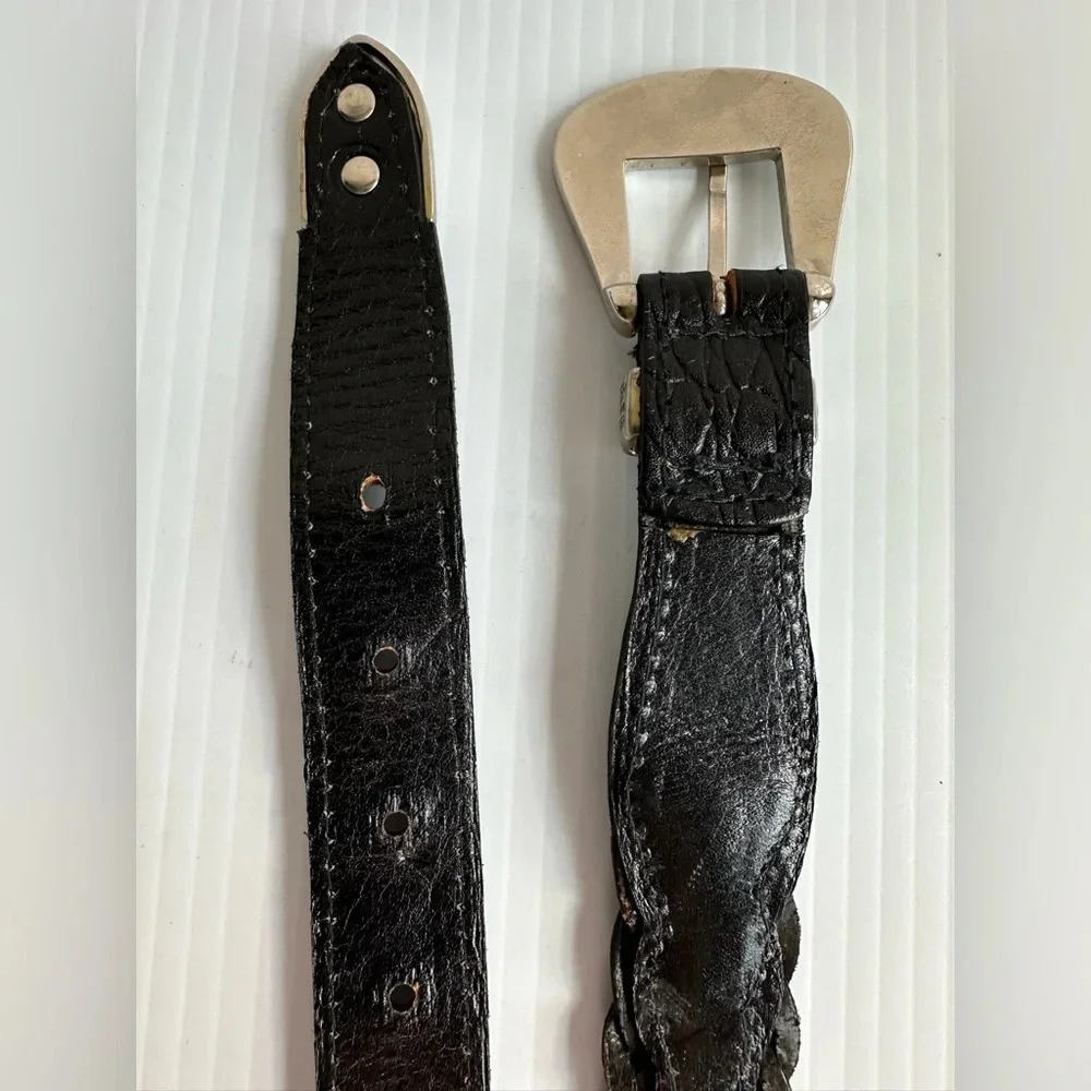 Vintage Crocodile, Woven Leather Belt Black Silver Decorative Buckle